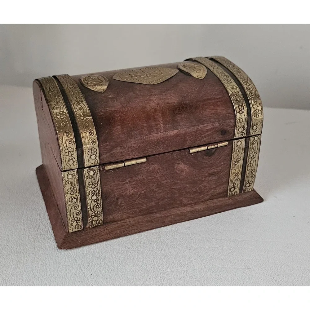 Vintage Wooden Domed Chest Trinket Box Brass Inlay 5